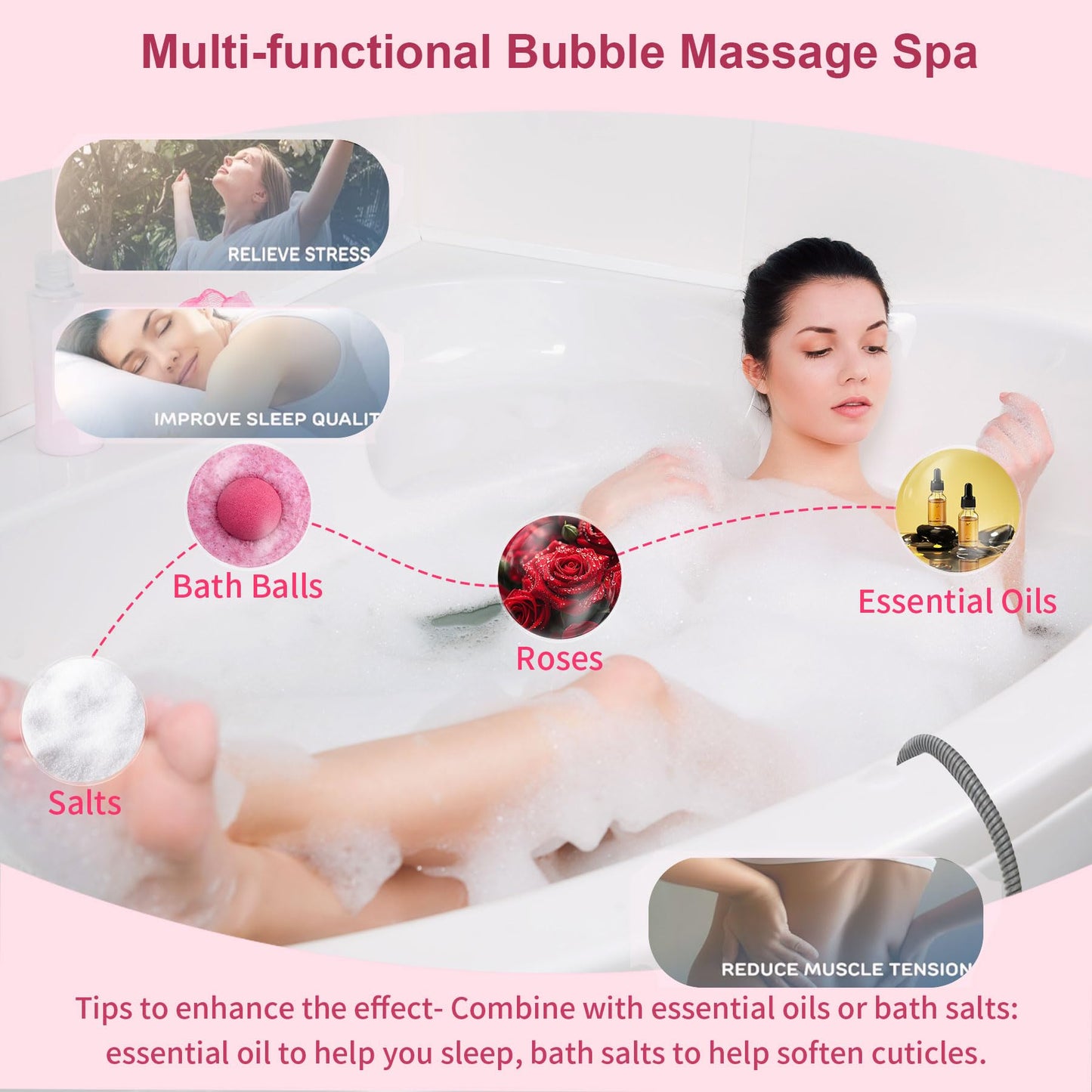 Portable Spa Bubble Bath Massager - Bubble Massage Bath Mat for Bathtub,74 Air Jets with Remote Control, 6 Speed Settings & Non-Slip Suction Cups, Includes Inflatable Pillow for Spa Relaxation (Pink)