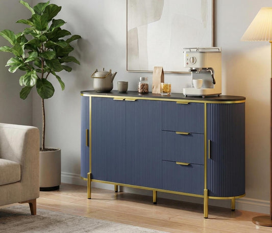BouPower 59" Buffet Cabinet with Faux Marble Top, Sideboard with 3 Drawers - Entryway Coffee Bar & Media Console Table, Wooden Storage Cupboard for Living Room, Dining Room