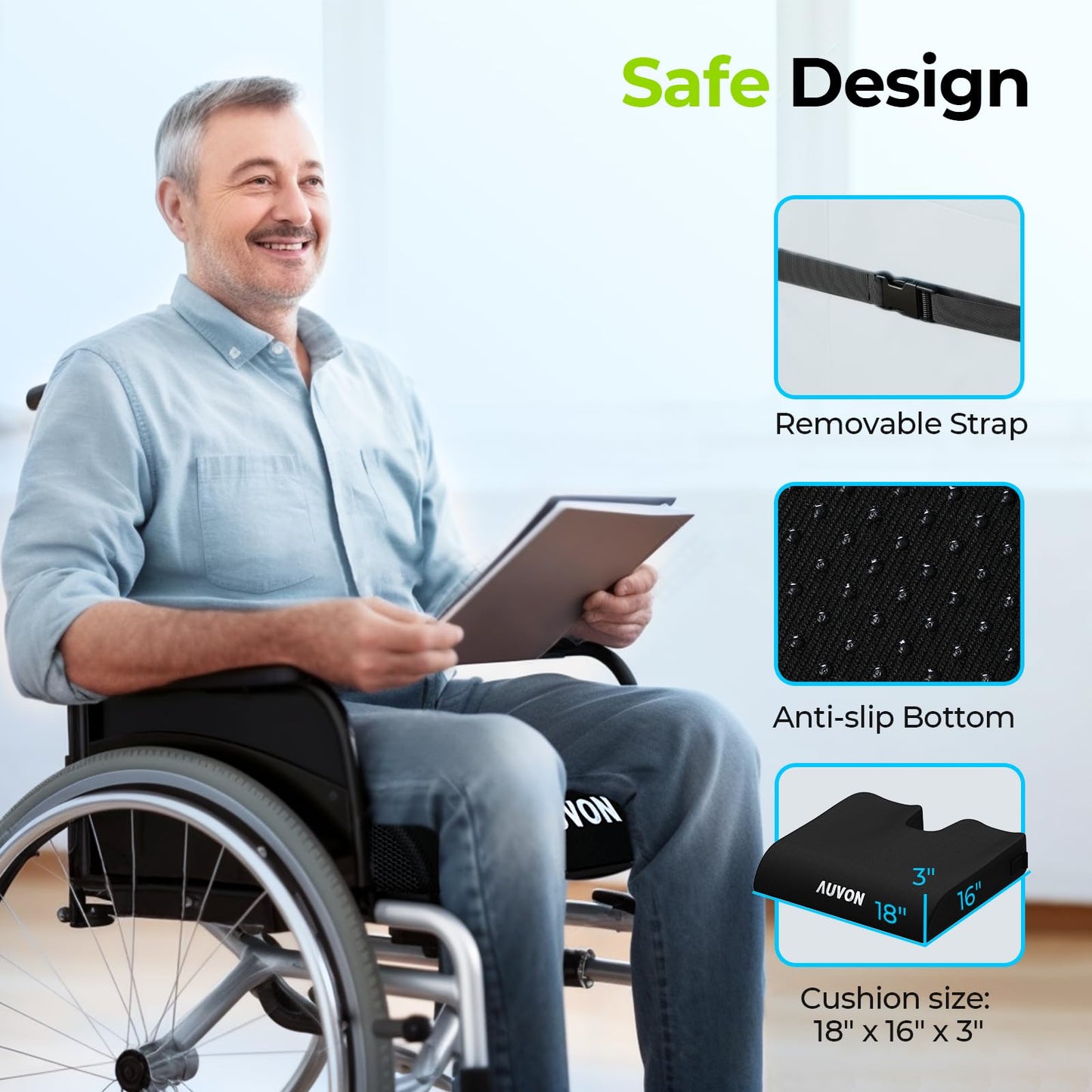 AUVON Gel Wheelchair Seat Cushion, Relieve Sciatica, Back, Coccyx, Pressure Sore and Ulcer Pain, Refreshing Ergonomic Chair Cushion with Waterproof Silk Fabric, Anti-Slip Cover