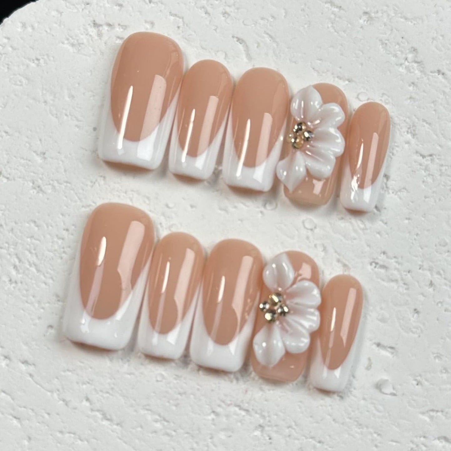 White French Tip Handmade Press on Nails Medium Square Fake Nails Muti-Layer Gel False Nails with 3D Flower Rhinestones Designs Thick Acrylic Nails Full Cover Stick on Nail for Women Nail DIY (Size M)