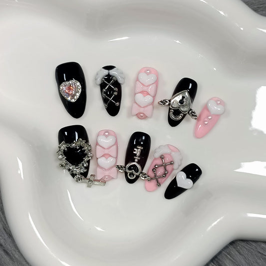 TENPAL 10Pcs Y2K Press On Nails With Tools,Ebony & Pink Almond Fake Nails with 3D Heart Bow & Cross Charms,Glossy Edgy Sweet Cute Nails for Women Girls,Handmade Acrylic Nails for Concert Party(S)