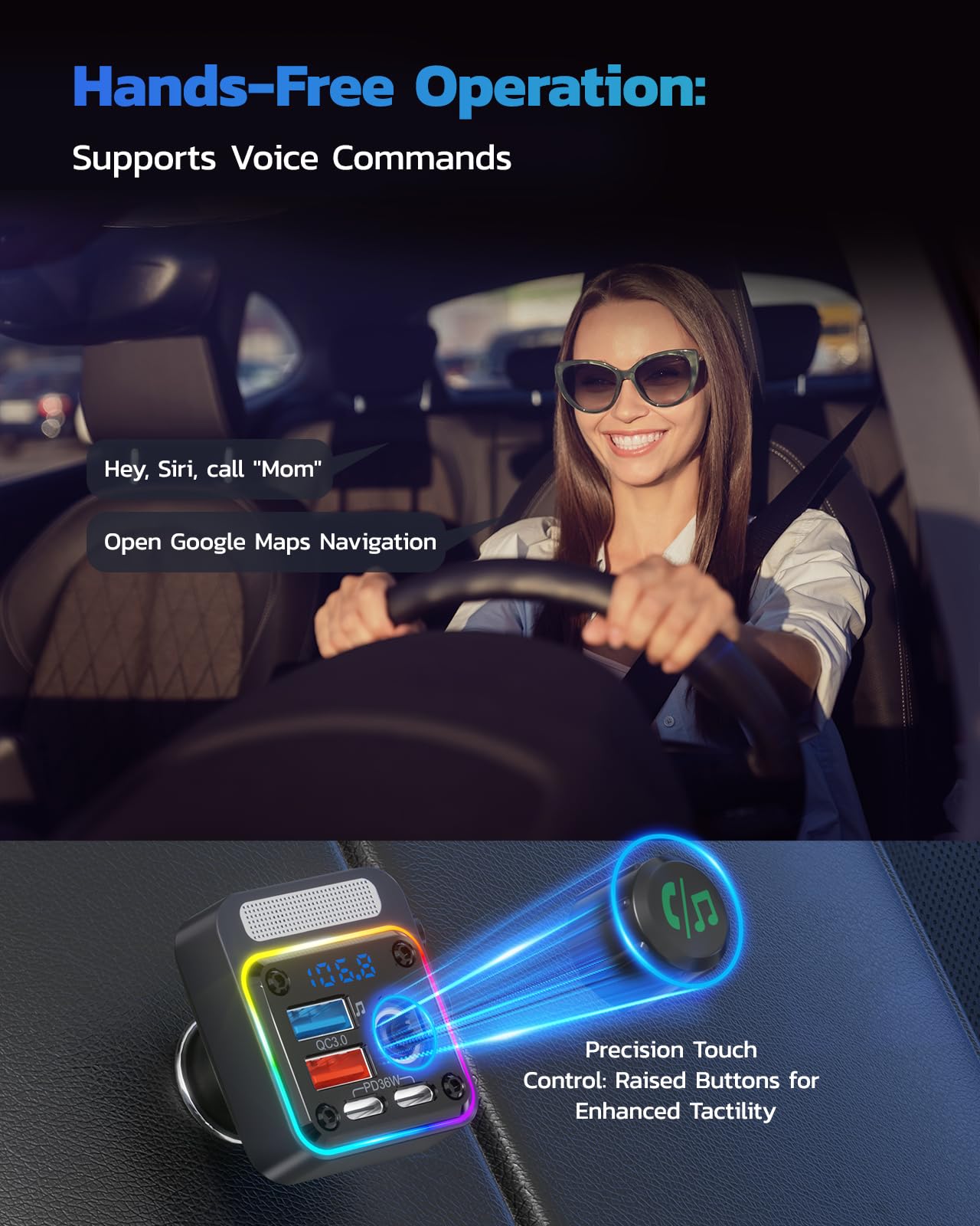 Nulaxy 54W Bluetooth 5.3 Car Adapter Charger 4-Port Fast Charging [PD36W & QC3.0 18W], Wireless Radio FM Transmitter with Deep Bass Player, 5 Colors LED Backlit, Hands-Free Calling, Support USB Drive