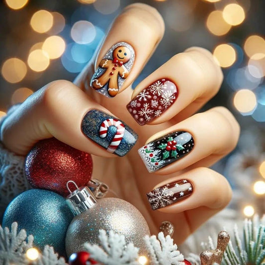 24 Pcs Christmas Press On Nails - Short Square Glossy False Nails with Candy & Cherry Design, Full Cover Gradient & Snowflake Glue, Red Christmas Fake Nails for Women's Manicure Kit