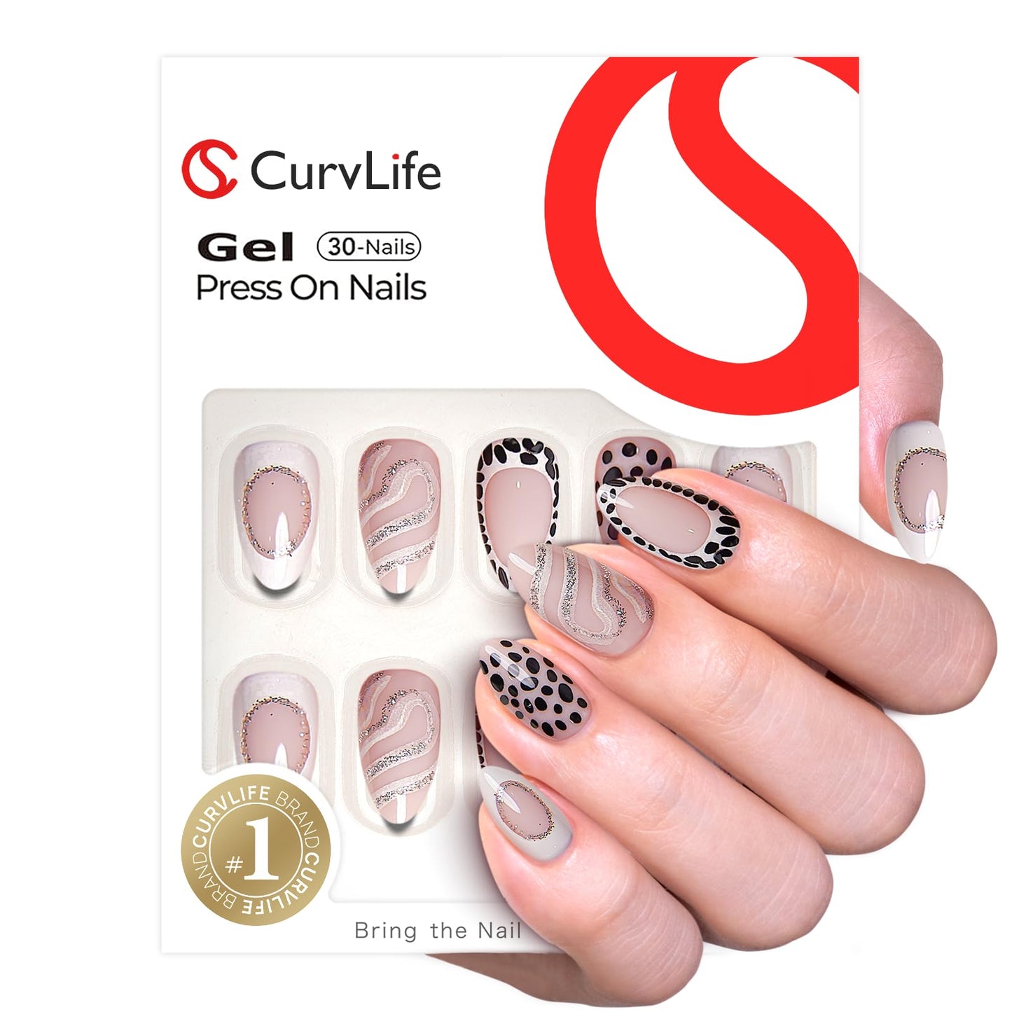 CurvLife Press On Nails Medium – 30Pcs Soft Gel Almond Fake Nails, Nude Neutral Design, Reusable Glue On Nails Kit with Adhesive Tabs, Natural Fit, Salon-Quality for Women & Girls