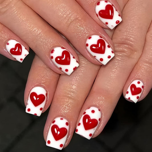 Valentine Day Press on Nail Medium Length Square Fake Nails Red Heart designs Stick on Nail Glossy Full Cover White Press ones Polka Dot Acrylic False Nails Reusable Glue on Nails for Women 24pcs