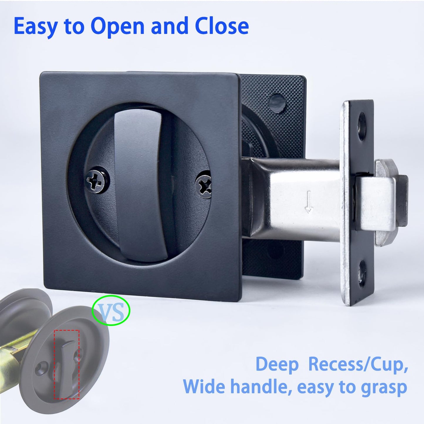 Dontay Pocket Door Privacy Lock with Edge Pull Handle,(Bed/Bath) 2 3/8" Backset,Stainless Steel Recessed 2 Sided,Recessed Knob,1 3/8" to 2 3/16" Bathroom&Sliding Door (Matte Black, Square - 1 Set)
