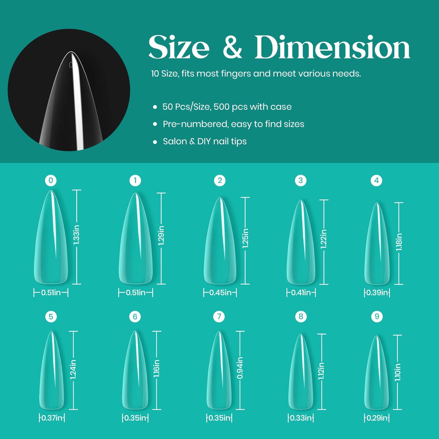 Beetles Gel Nail Tips Clear, Stiletto Medium, 500Pcs 10 Sizes, Pre-Shaped Full Cover Soft Acrylic False Press On Nail Tips Stiletto Shape Easy DIY Nail Extension Salon Gift for Women