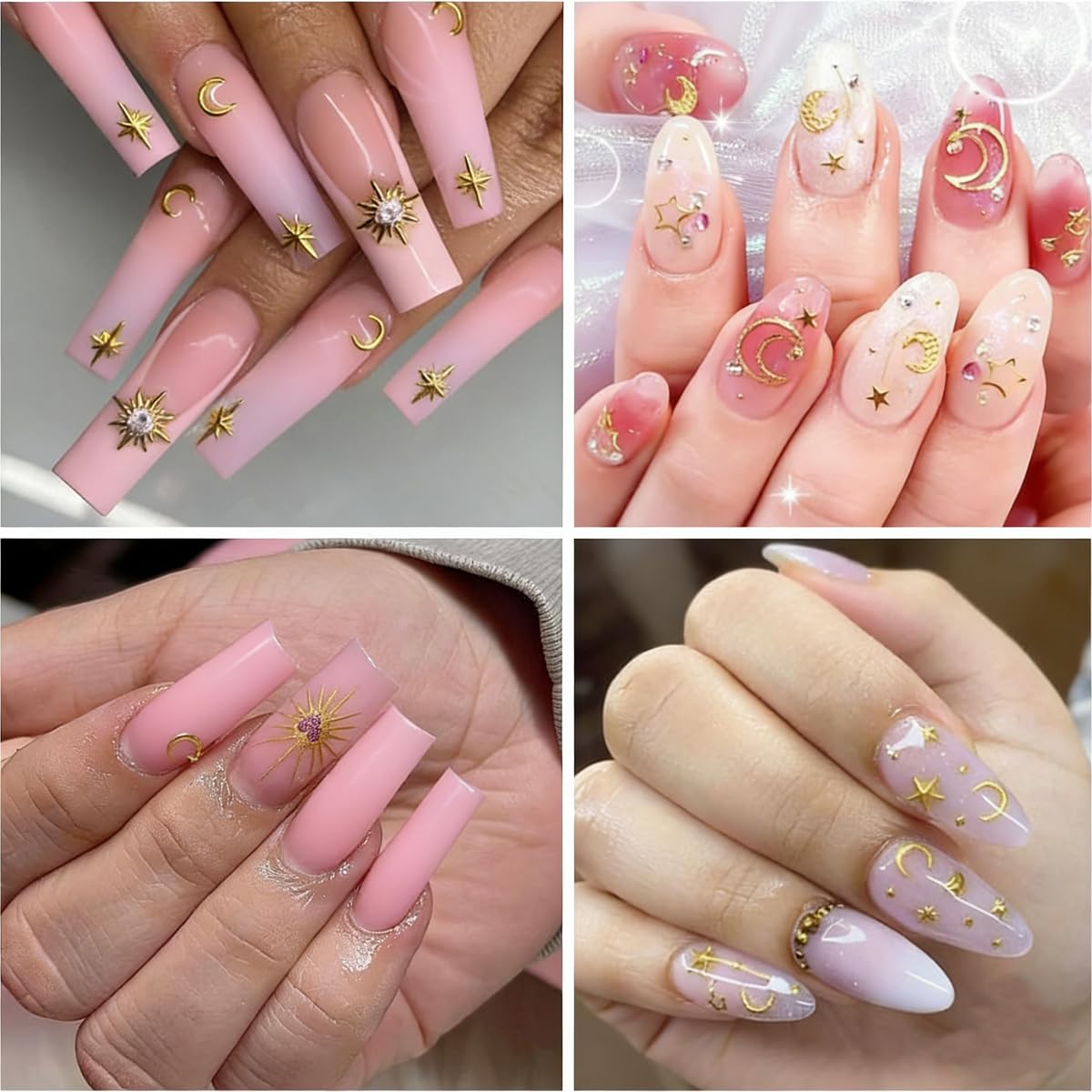 Gold Star Nail Charms Silver Moon Nail Art Charms, Alloy Sun Nail Rhinestones, Alloy Gold Nail Art Rhinestones for Women 2Boxes