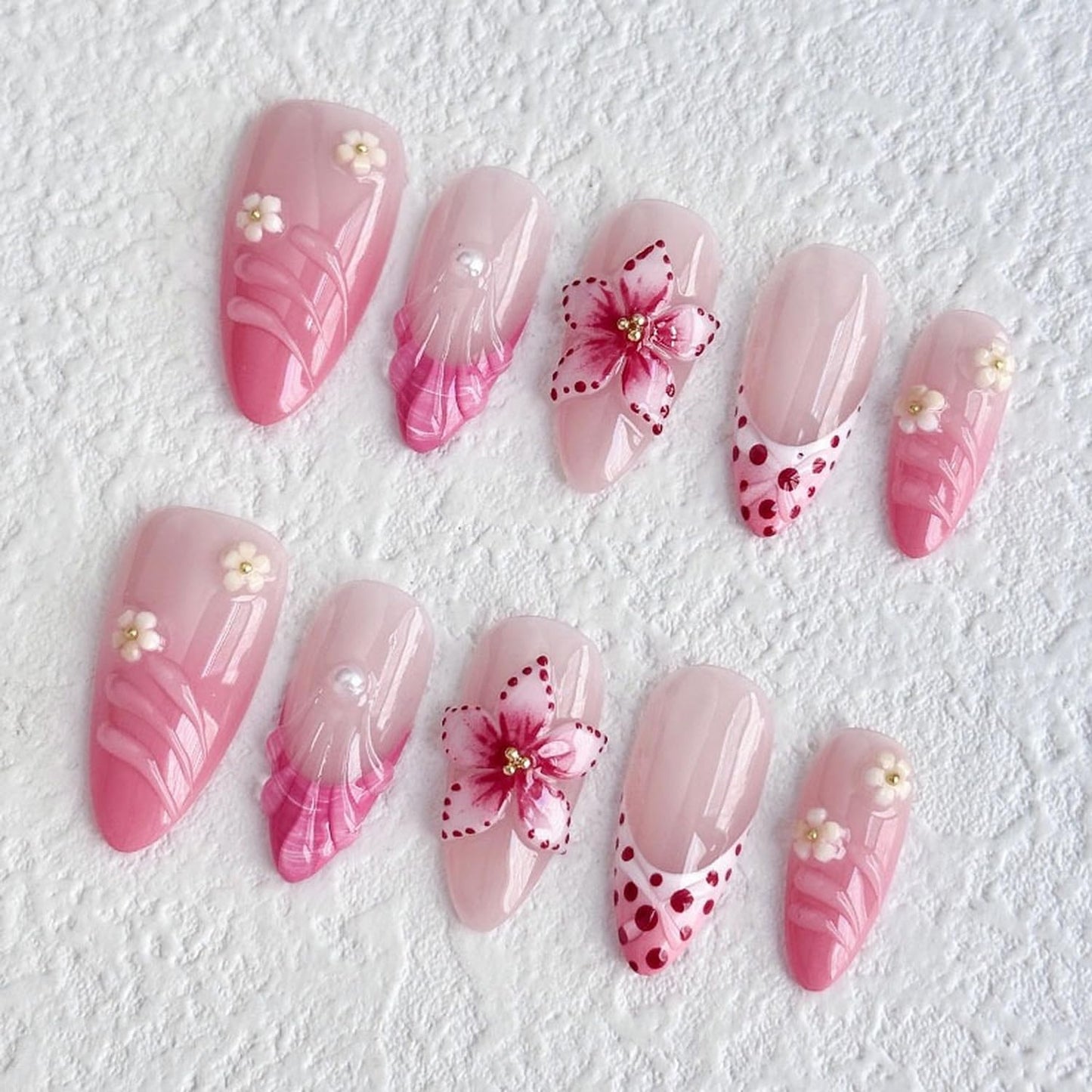 Luxury Press on Nails Medium Almond French Tip Handmade 3D Unique Reusable ABS Material Fake Nails Pink False Nails with Designs Pearls Floral Art Petal Glossy Glue on Nails Thick Acrylic Nails(M)