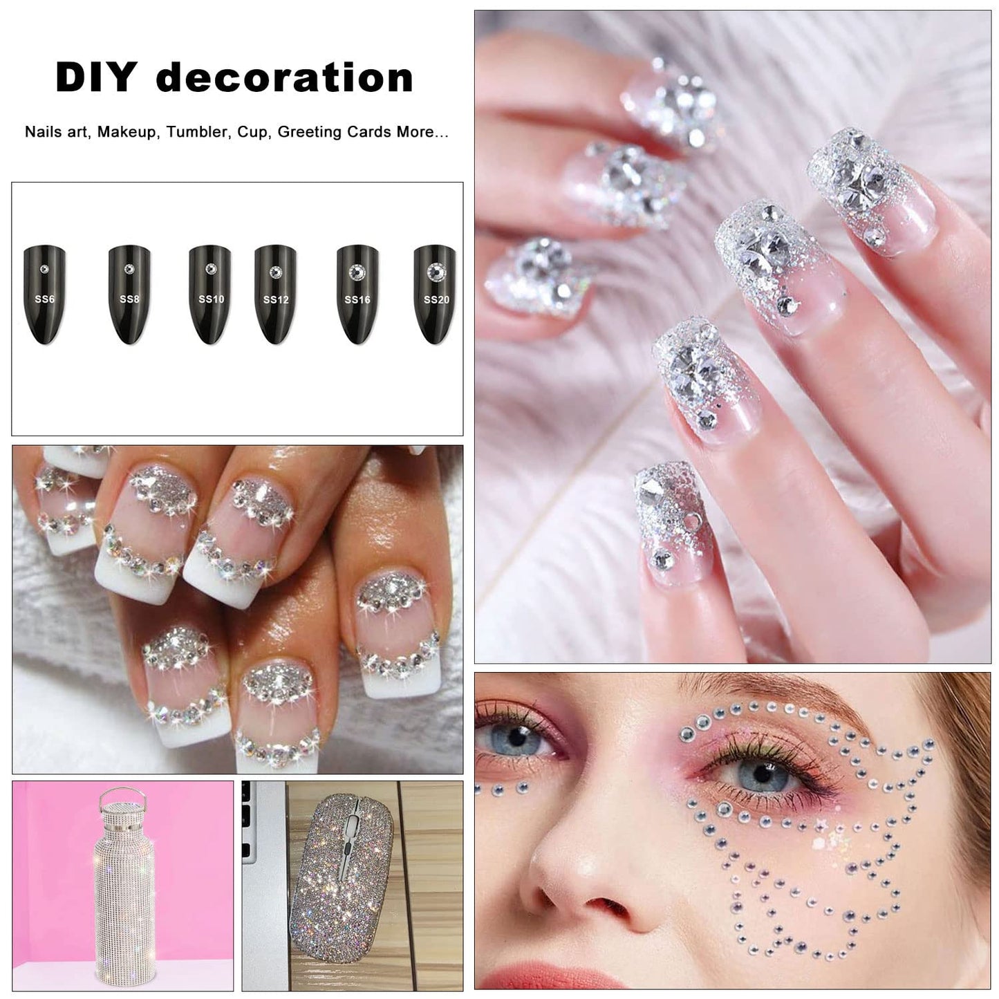 Meibite White Glass Flatback Rhinestones for Nails, Crafts & Clothes – 4240PCS 6 Sizes (SS6–SS20) Crystal Gems Kit with Tweezers & Picker, Non Hotfix DIY Rhinestones for Tumblers, Shoes, Nail Art