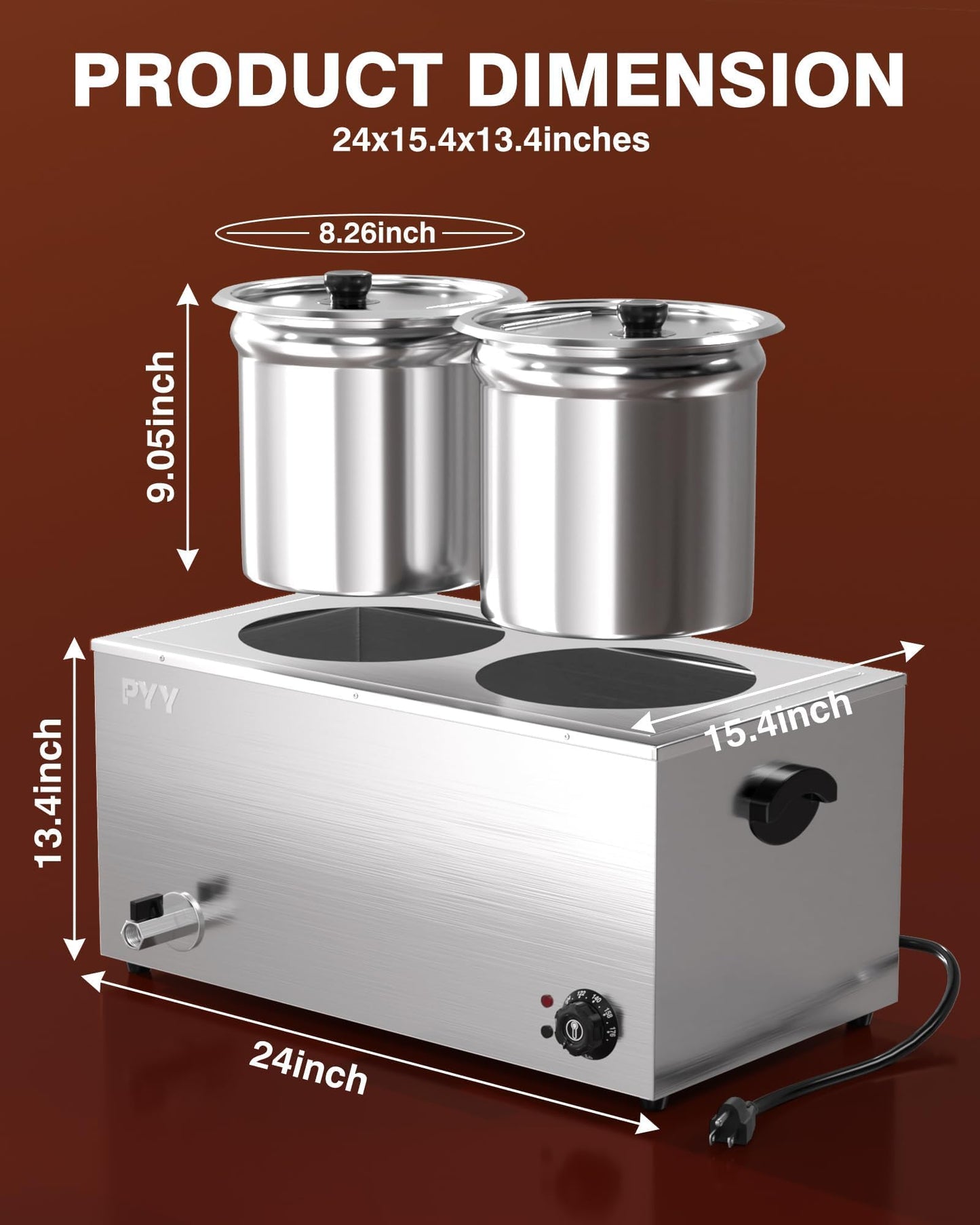 PYY Soup Warmer Commercial - Two 11.6QT Stainless Steel Bain Marie Round Pot 86~185°F Adjustable Temp, 1500W Electric Soup Warmer Countertop with Anti-Dry Burn and Reset Button for Restaurant, Buffet