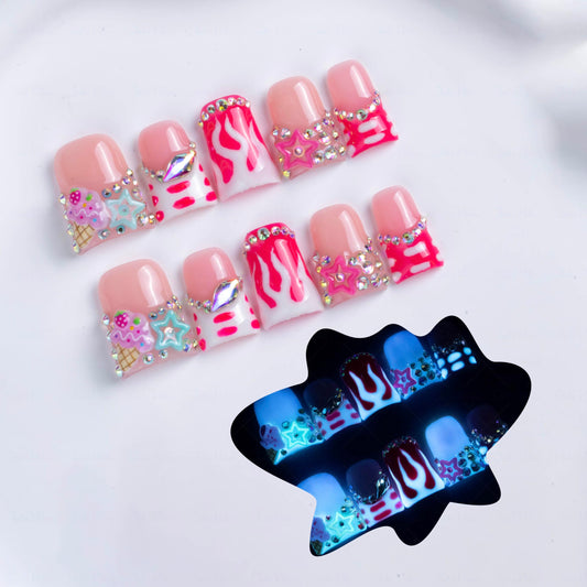IntoVibes 10 Pieces Luxury Acrylic Press On Nails Short Handmade Duck Nails, Pink Thickened False French Nails, Flame And Rhinestone, Reusable Fake Nails, Glow-in-the-dark Nails (S)