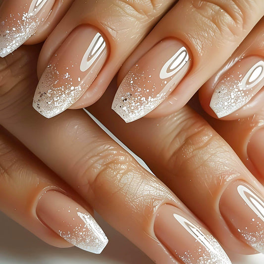 RUOKEXIN Coffin Press On Nails Medium Ballet Shaped White Ombre False Glue-on Nails - 24pcs with Glitter Designs