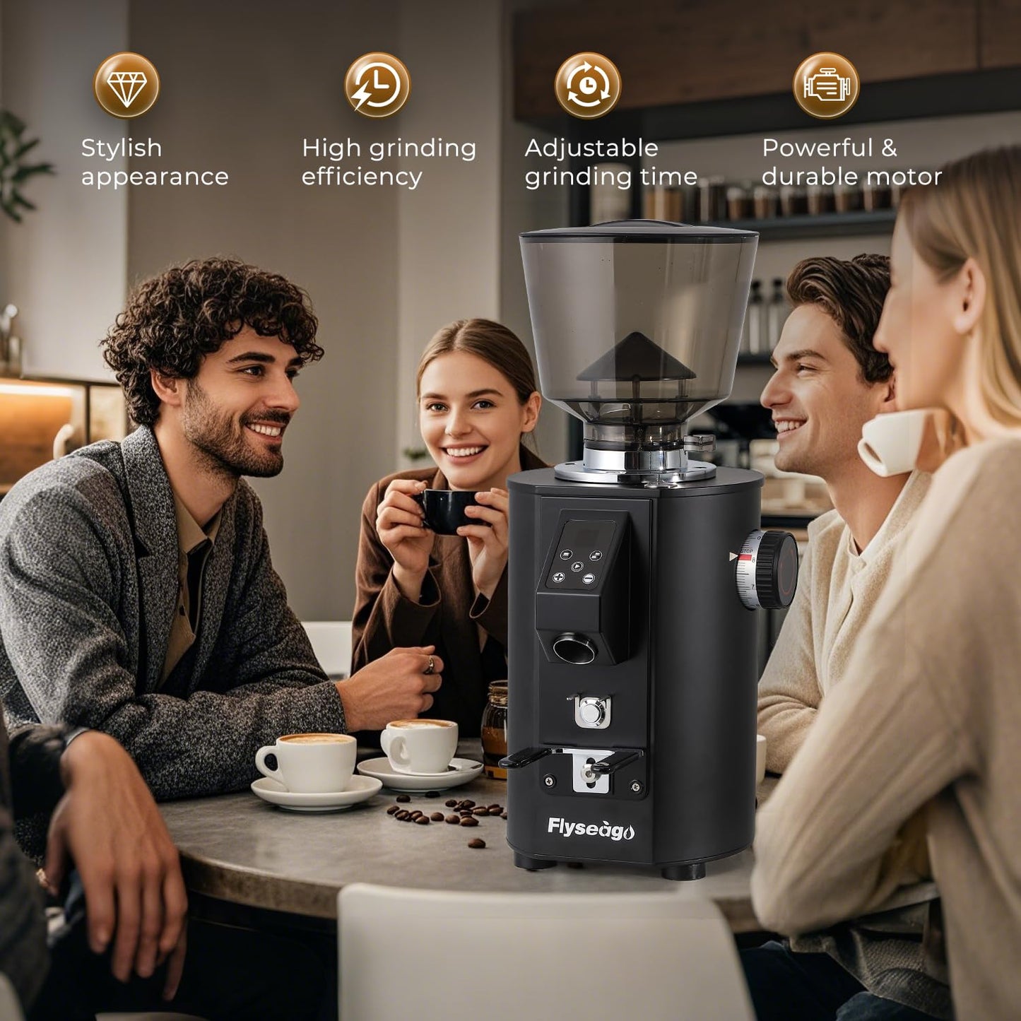 Flyseago Commercial Coffee Grinder Heavy Duty - 64mm SS Flat Burrs, 8 Precise Settings, Button Control, 35oz Hopper, Business and Home Use, Black 400W