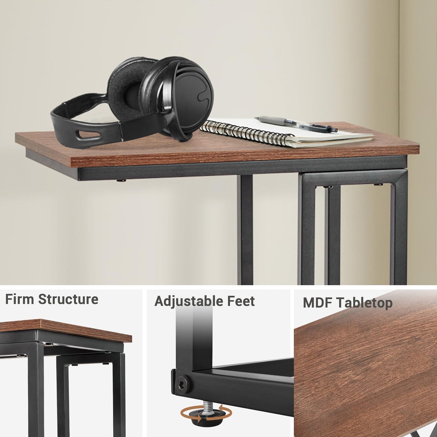fusehome C-Shaped End Table, for Living Room, Bedroom, Small Spaces, TV Tray Couch Side Tables Laptop Table, Rustic Brown and Black