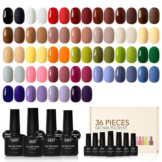 GAOY 36 Pcs Gel Nail Polish Set, 32 Colors All Season Gel Polish Kit Red Black White Pink Blue with 4 Pcs Soak off Base Glossy Matte Top Coat & Builder for Nail Art DIY Manicure at Home