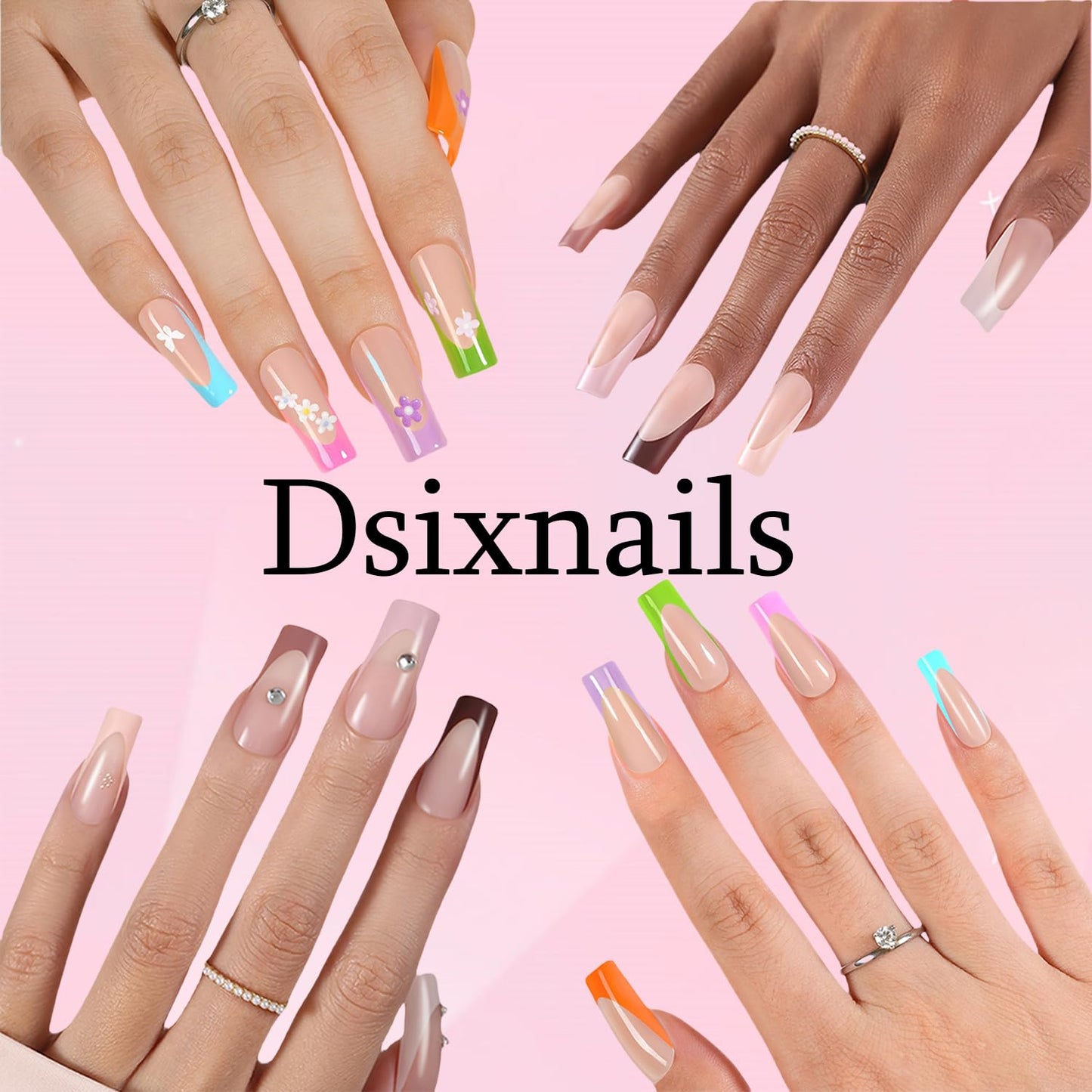 Dsixnails 300Pcs Long French Tip Press on Nails, Square Soft Gel Nail Tips in 15Sizes, 3 in 1 Pre-lasting Acrylic Fake Nails, No Need to File False Nail Tips Extension for Women Nails Art DIY