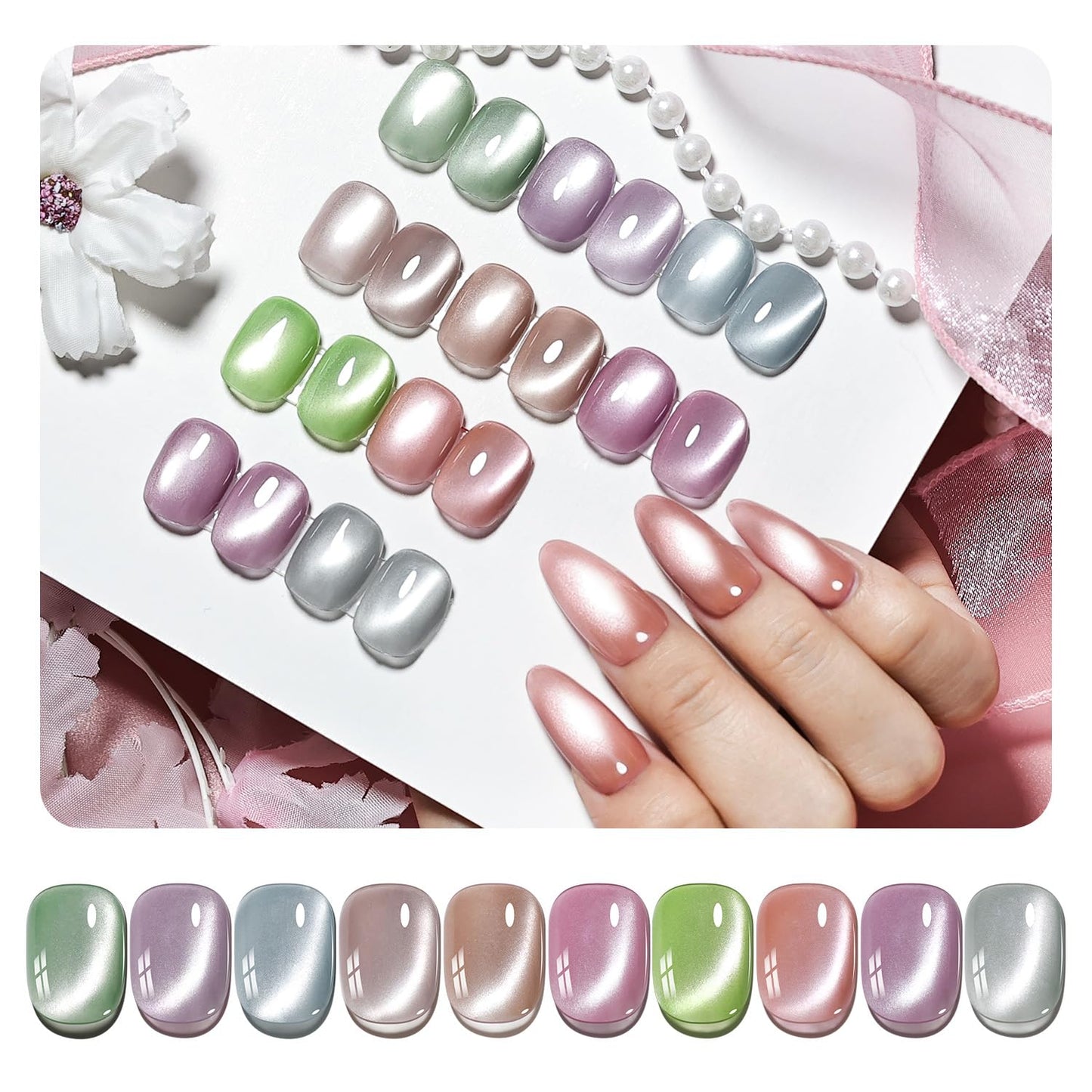 JODSONE 10 Colors Glow-in-the-Dark Cat Eye Gel Nail Polish Set Silver Green Blue Grape Purple with Base Coat and Top Coat and Magnet Stick Summer Nail Art for Nail Salons and at Home