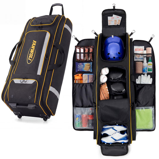 Fanwoli 100L Rolling Catchers Gear Bag - Large Baseball & Softball Duffle with 5 Fence Hooks, Locker-Style Organizer, Holds 8 Bats, Vented Shoe Zone - Essential Pro Edition (Black)