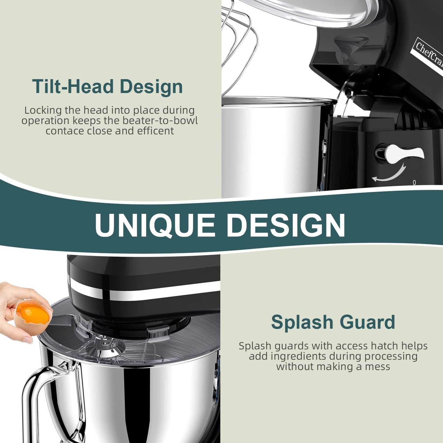 Electric Stand Mixer with 6.5QT Bowl with Handle, Household Food Mixer, Kitchen Mixer with Tilting Head for Bread Dough and Cake with Dough Hook, Whisk, Splash Guard and Egg Separator (Black)