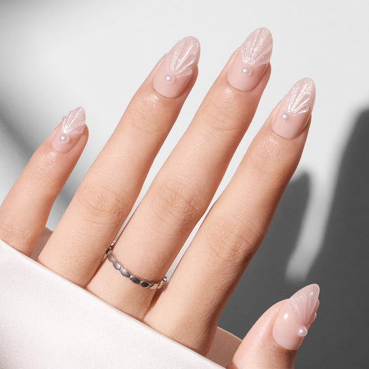 Modelones French Tip Press on Nails Almond, Short Almond Fake Nails, Semi-Transparent Soft Nail Kit with Nail Glue Adhesive Tabs Nail File, Spring Nails Press Ons 30Pcs 15 Sizes, Shell Pearl
