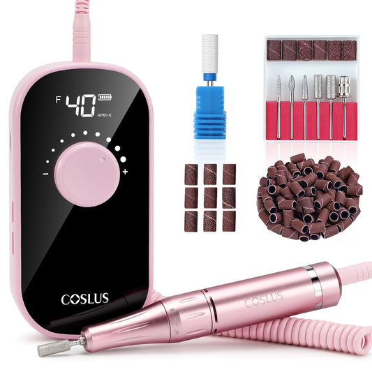 COSLUS Professional Rechargeable Electric Nail Drill 40000 RPM, Portable Nail File with Storage Stand for Acrylic Gel Polishing Removing - Easy to Use for Women, Manicure at Home DIY or Salon, Pink