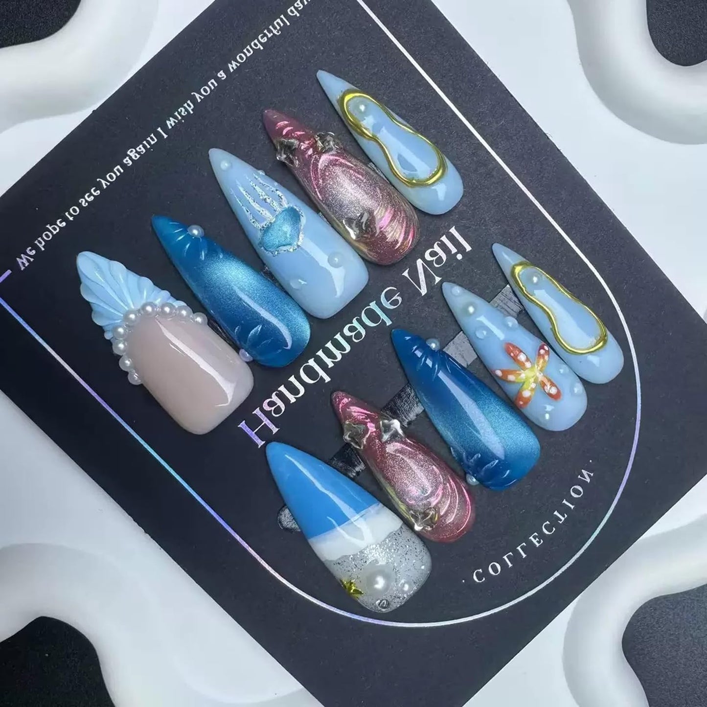100% 5D Handmade Press on Nails with Charms Long Stiletto Nails Press ons Beach Ocean False Nails Ombre Blue Press on Nails Summer Fake Nails for Women Girls Daily Wear DIY Manicure Size L