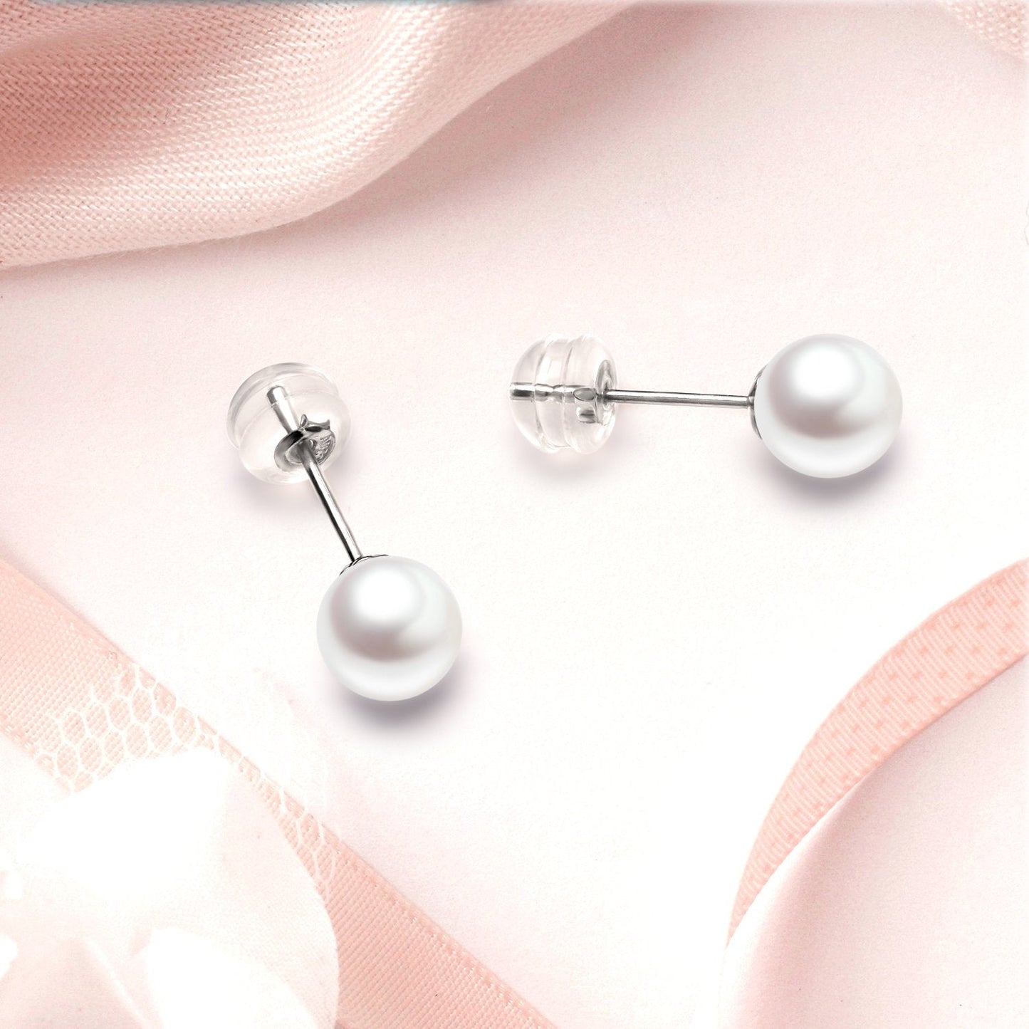 10K White Gold Freshwater Cultured Pearl Necklace and 18K Stud Earrings Set for Women, Jewelry Gifts for Her