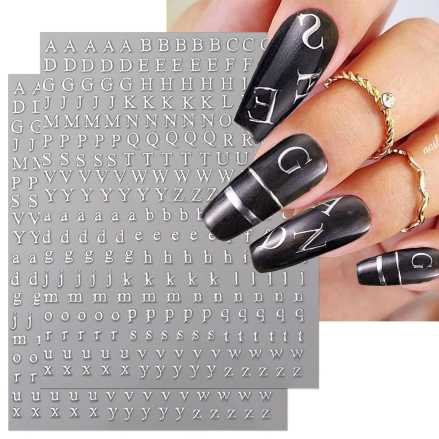 IDDFEVE 8 Sheets Letter Nail Art Stickers - 3D English Alphabet Nail Decals for DIY Metallic Gold Silver Acrylic Manicure Holographic Nail Decorations