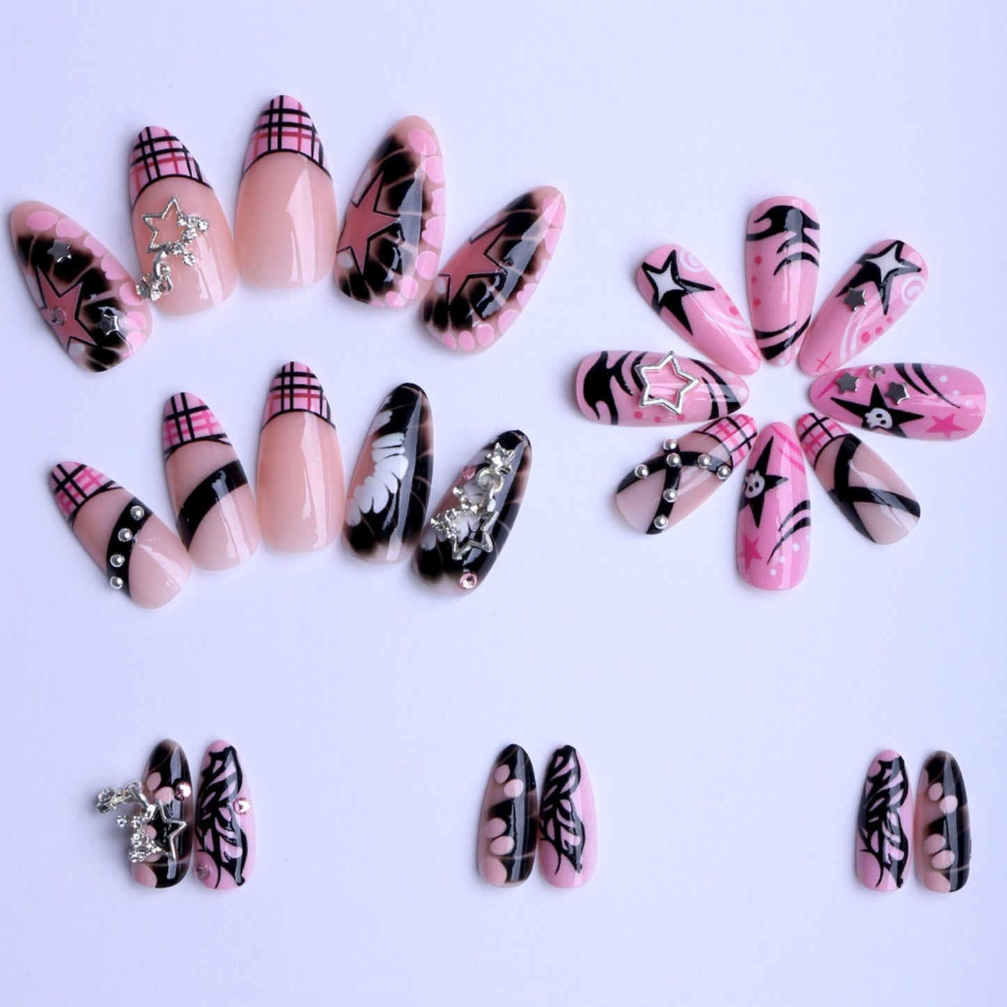 SEENEEY Almond Press on Nails Medium Fake Nails Pink Artificial Nail Stars and Rhinestones Designs Stick on Nail for Women 24pcs