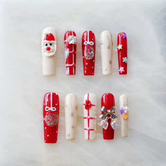 GLORS Christmas Press-On Nails, Long Coffin Shape, Red and White Holiday Design with Snowman and Bows, 10 Pieces (Small, LS)
