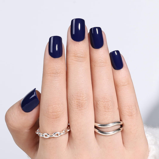 Blue Press On Nails Square - Short Square Fake Nails with Nail Glue, Dark Blue Press On Nails Reusable Stick On Nails in 15 Sizes - 30 Nail Kit for Women & Girls | Salon Quality
