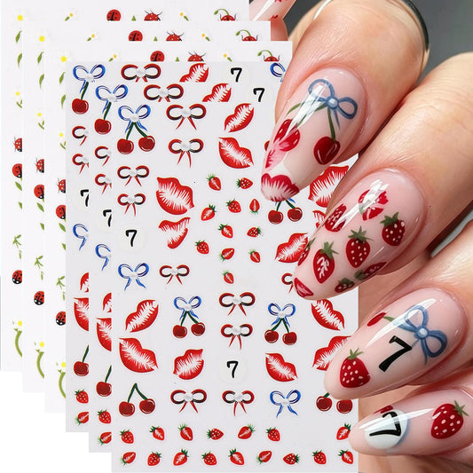 Strawberry Lips Nail Art Stickers Bow Cherry Nail Art Decals 3D 6Sheets Self-Adhesive Fruit Stickers Beetle Flower Leaf Nail Designs for Women Summer Fresh Style Nail Supplies Decorations