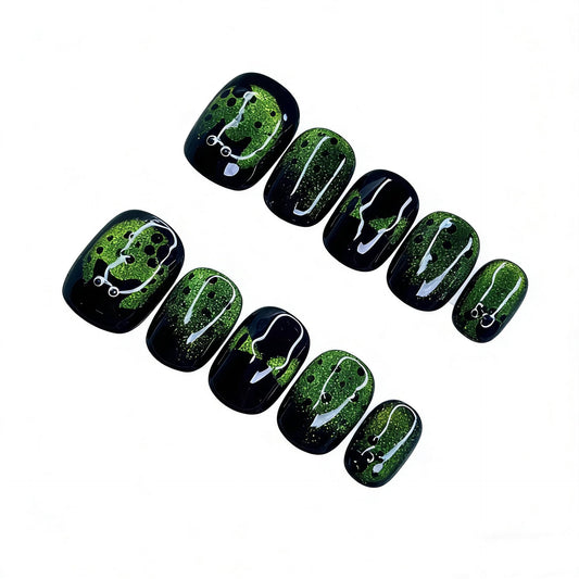 Fake Nails Short Chrome | Cat Eye Press On Nails | Black with Glitter Accents | Cartoon Cat Design | Trendy Fake Nails for Women & Girls (S)