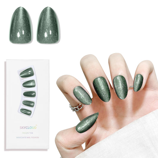 Green Almond Cat Eyes Press On Nails,12 Sizes - 24 Pcs Soft Gel Blackish Green Medium Fake Nails Kit with Nail Glue, Natural Reusable Stick On False Nails for Women and Girls SK1027