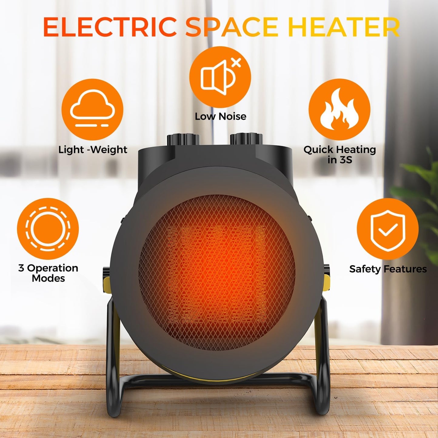 Elevoke Space Heaters for Indoor Use, 1500W PTC Electric Heater with 90°Adjustable Angle, Fast Safety Heat, Small Portable Heater for Office Home (Yellow)