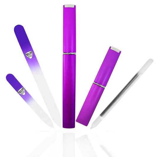 Bona Fide Beauty Glass Nail Files Kit in Purple- 3Pc Set Includes Glass Cuticle Pusher, Mini Travel Nail File, and Medium Glass File for Natural Nails