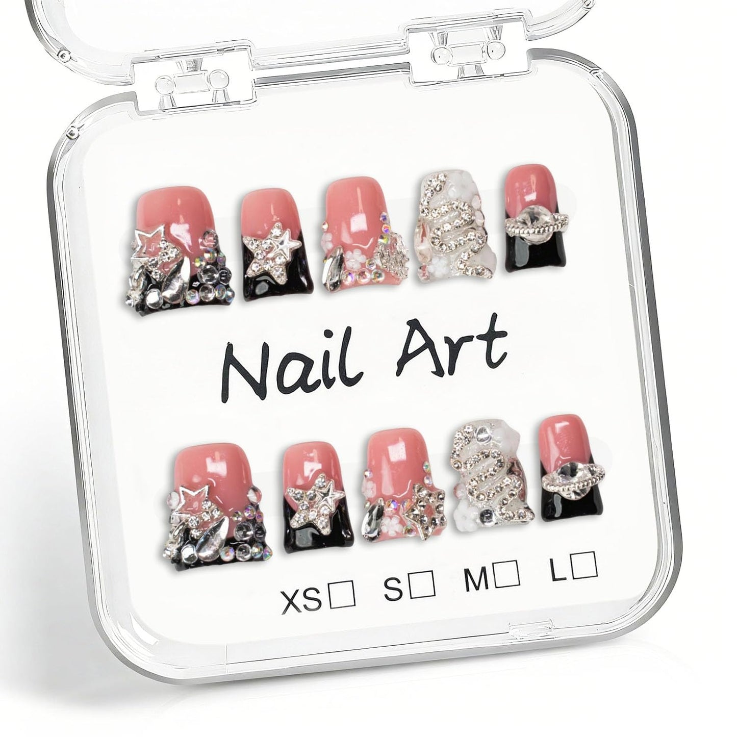 Rhinestone Handmade Press on Nails Duck Fake Nails Black French Tip with 3D Flower Stars Designs Luxury Handmade Rhinestone Charm Sparkly Muti-Layer Gel Acrylic Nails for Women 10Pcs (M）
