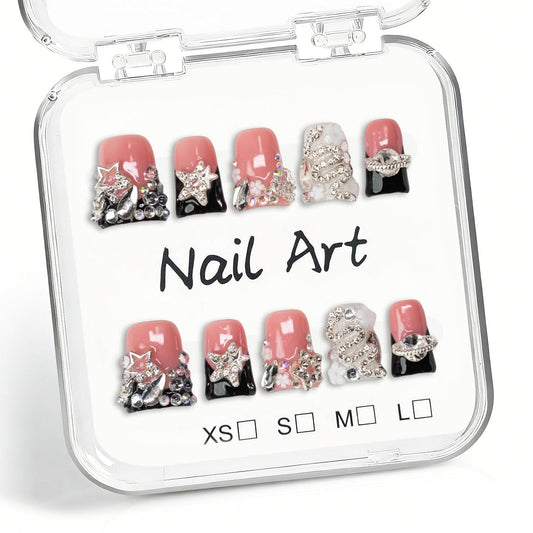 Rhinestone Handmade Press on Nails Duck Fake Nails Black French Tip with 3D Flower Stars Designs Luxury Handmade Rhinestone Charm Sparkly Muti-Layer Gel Acrylic Nails for Women 10Pcs (M）