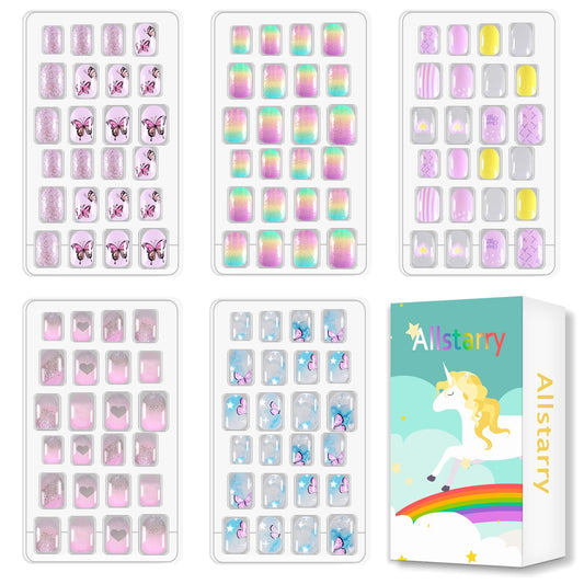 Allstarry 120pcs 5 pack Children Nails Press on Pre-glue Full Cover Butterfly Stripe Gradient Short False Nail Kits Lovely Gift for Children Little Girls Nail Art Decoration - Colorful Butterflies