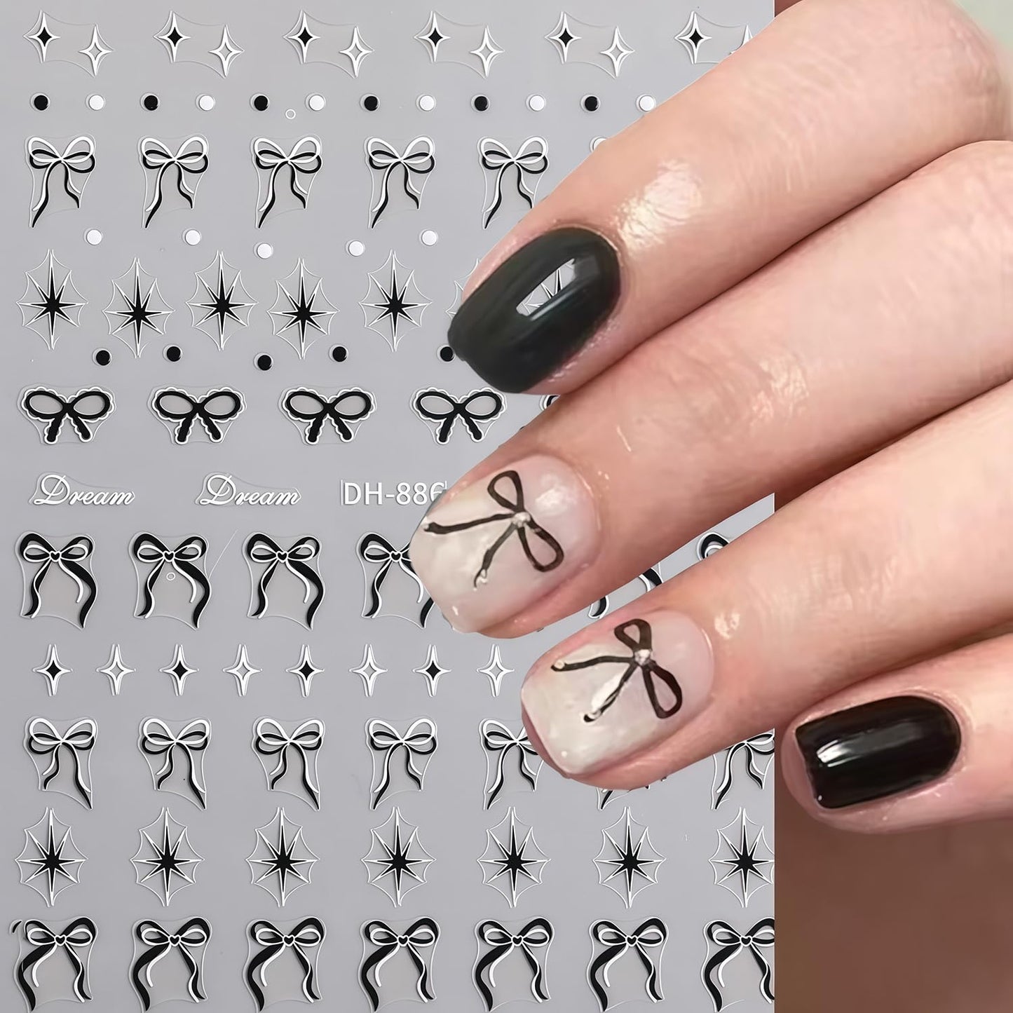 Bow Nail Art Stickers Valentines Nail Decals 3D Self Adhesive Black Blue Pink Bow Starlight Nail Stickers Cute Bows Nails Sticker Decals for Women Holiday Valentines DIY Manicure Decoration 6 Sheets