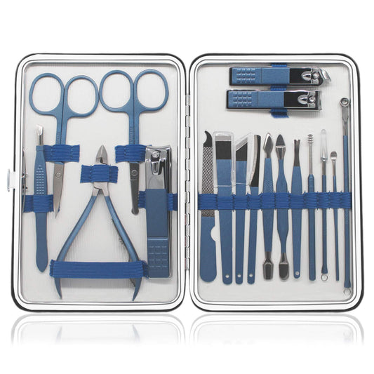 18 Pieces of Stainless Steel Nail Trimming and Beauty Kits - Nail Clippers, Nail Files, Tweezers, Nose Scissors, Eyebrow shavers, Ear Spoons, Blue Leather suitcases.