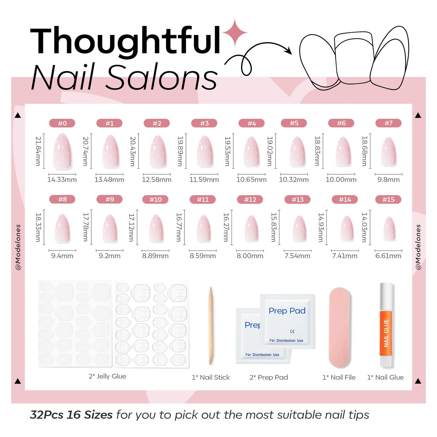 Modelones Pink Press on Nails Almond, Polka Dot Short Fake Nails, Reusable Nail Kit with Nail Glue Adhesive Tabs Mini Nail File, Nails Press Ons 32Pcs 16size, Women Girl Gift ﻿