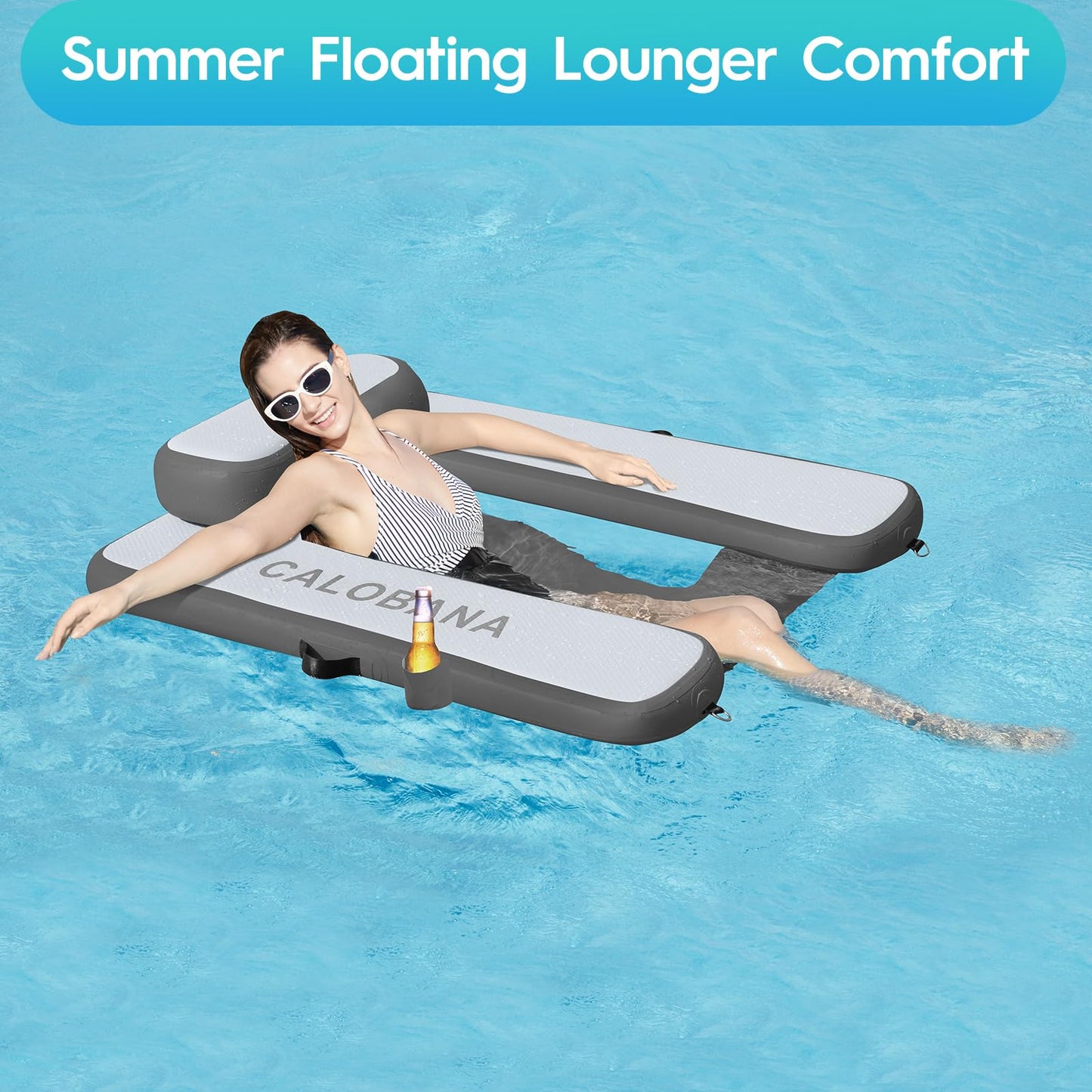 CALOBANA Inflatable Floating Chair, Tanning Pool Lounger Chair Floats for Adult Summer Beach Lake Swimming Pool Party, Grey