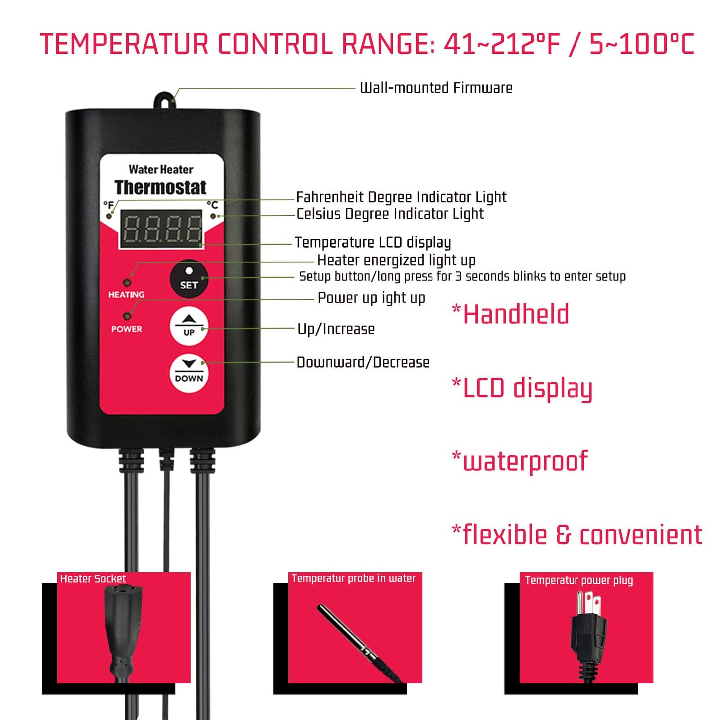 YLboyLIAN 1300W Immersion Water Heater Portable Electric Buckets & Hot Tub Fully Submersible Water Heater with Temp Control and GFCI for baptistry, Bathtub, Pools, Buckets - Easy to use
