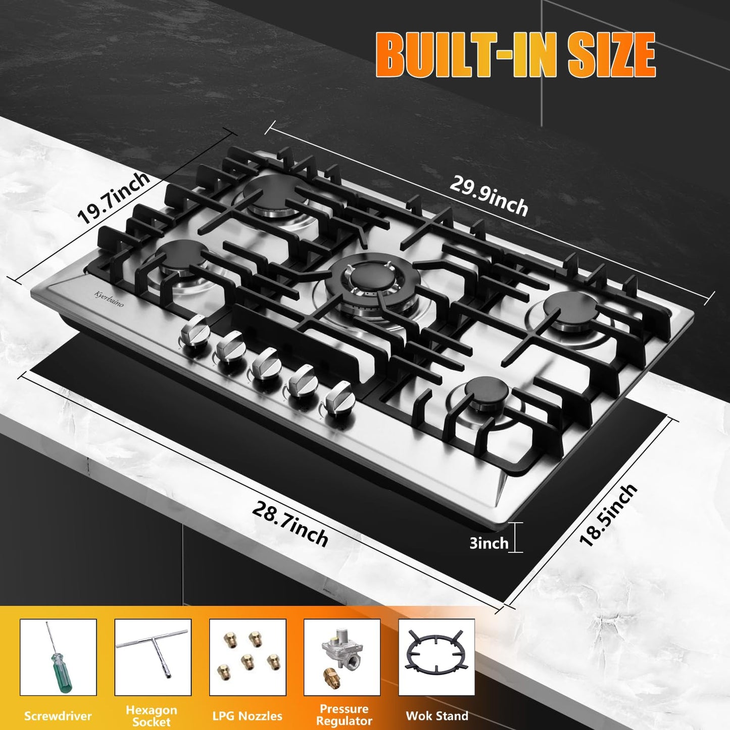 Kyerbaino Gas Cooktop 30 Inch, Stainless Steel 5 Burners Gas Stovetop Built-in LPG/NG Convertible Gas Cooktop Dual Fuel Sealed Gas Stove