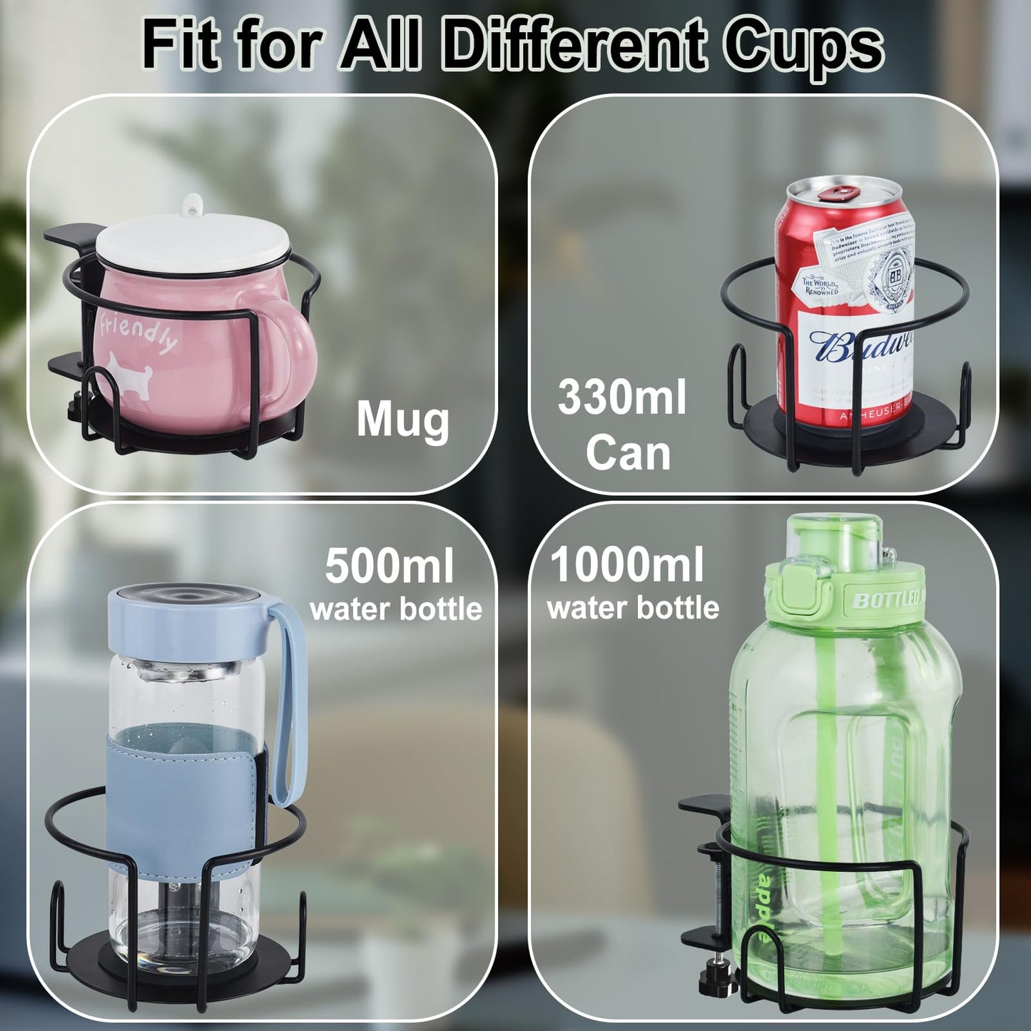 Upgraded Cup Holder, Gaming Desk Accessories Anti-Spill Drink Cup Holder for Table Edge or Chair Armrests, Clip on Desk Side Cups Holders for Home or Outdoor Camping -Black
