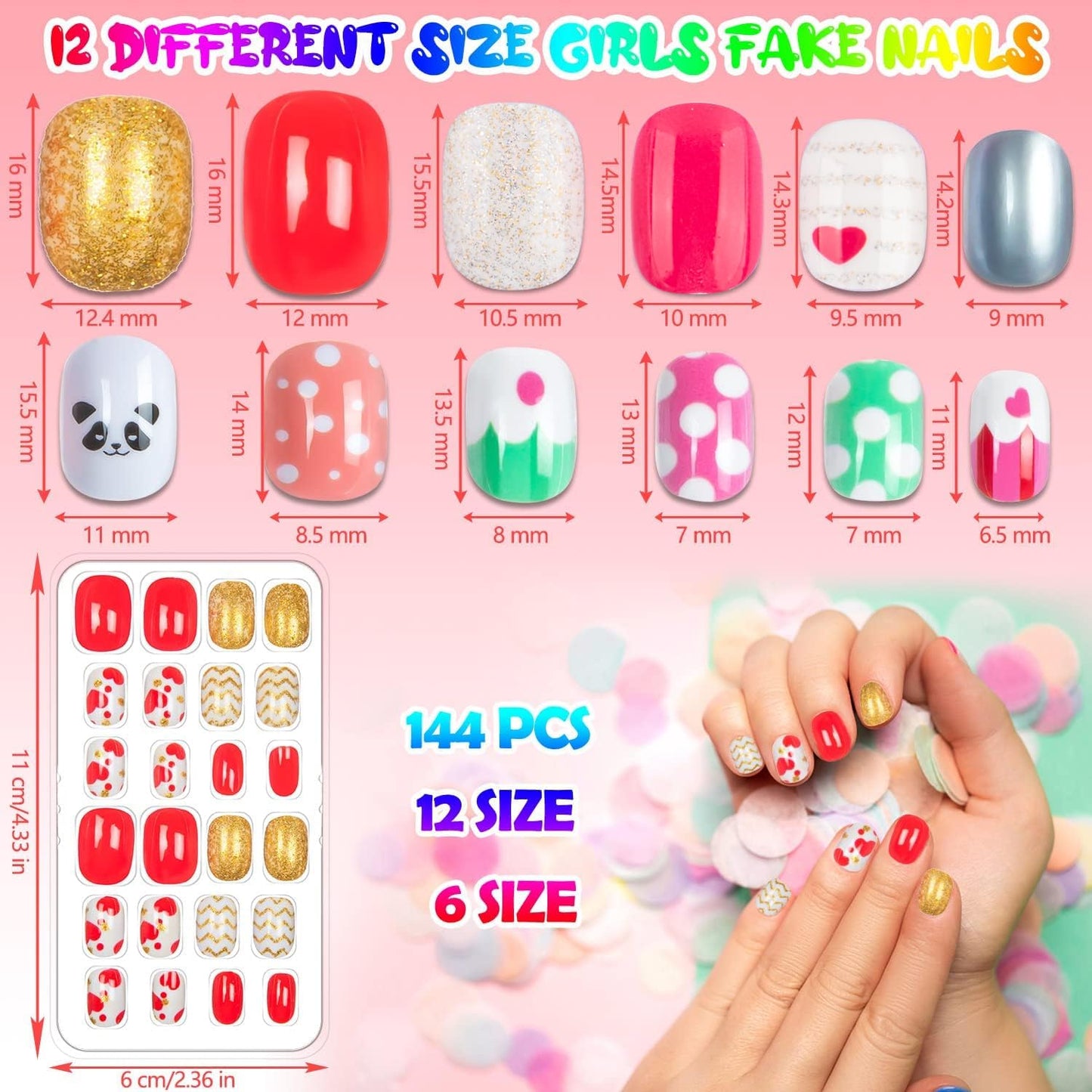 144 Pieces Fake Nails for Kids Girls Artificial Kids Press on Nails Full Cover Short Acrylic Stick On Nails False Nail Tips Kit for Children Little Girls Nail Art Decoration (Sweet Pattern)