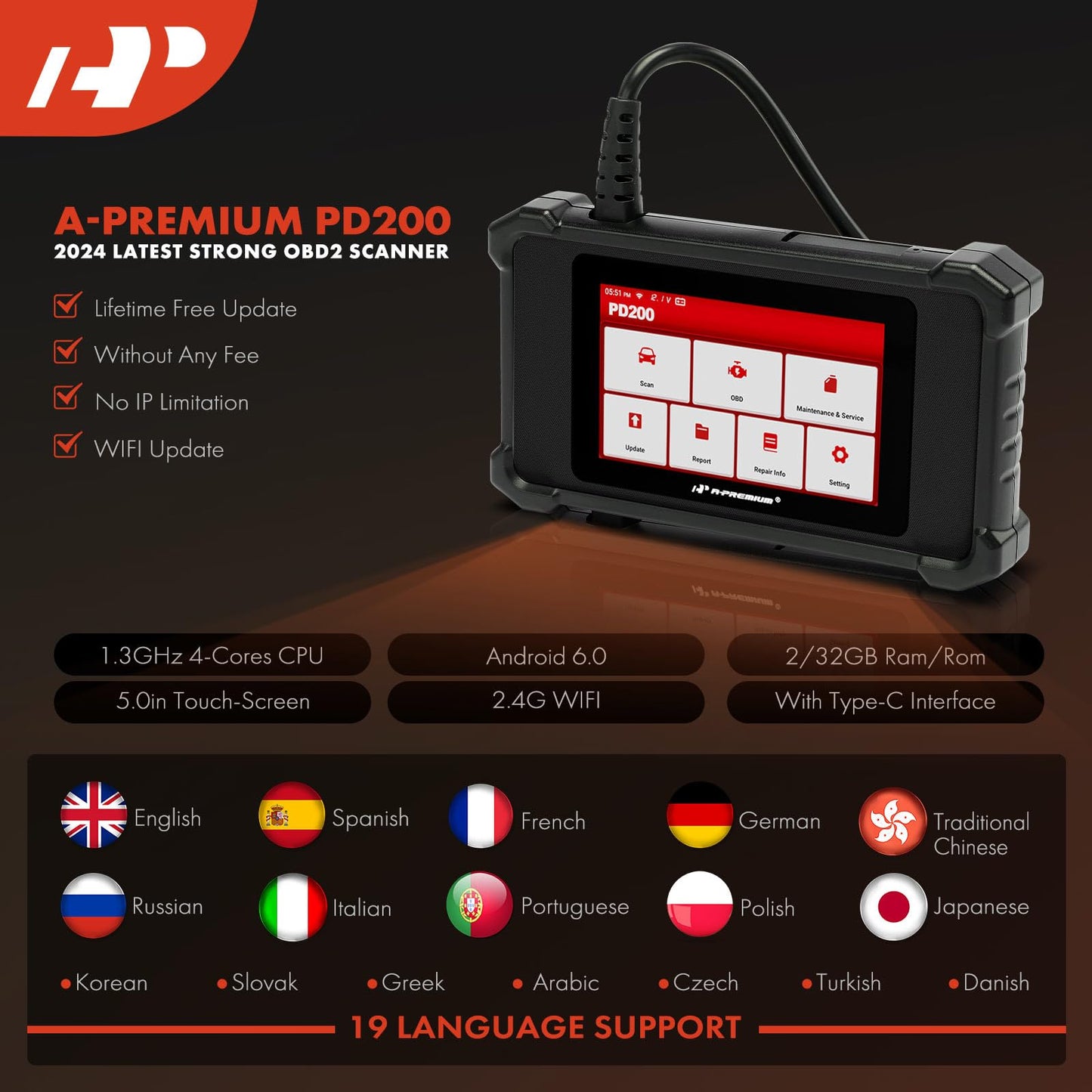 A-Premium 2025 PD200 Enhanced 4 System OBD2 Scanner Diagnostic Tool, All Function Check Engine Code Reader Scan Tool, for Engine/ABS/SRS/Transmission System, 8 Reset, Free Online Update