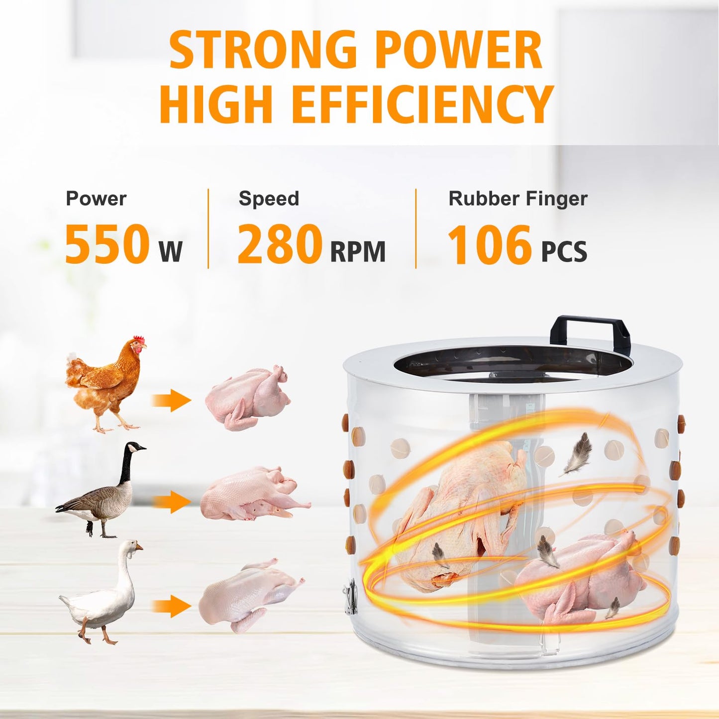 Towallmark Stainless Steel Poultry Plucker Machine - 500W High Efficiency Commercial Chicken Plucker, 106 Soft Fingers, for Farms, Chicken Processing Plants, Restaurants, Home